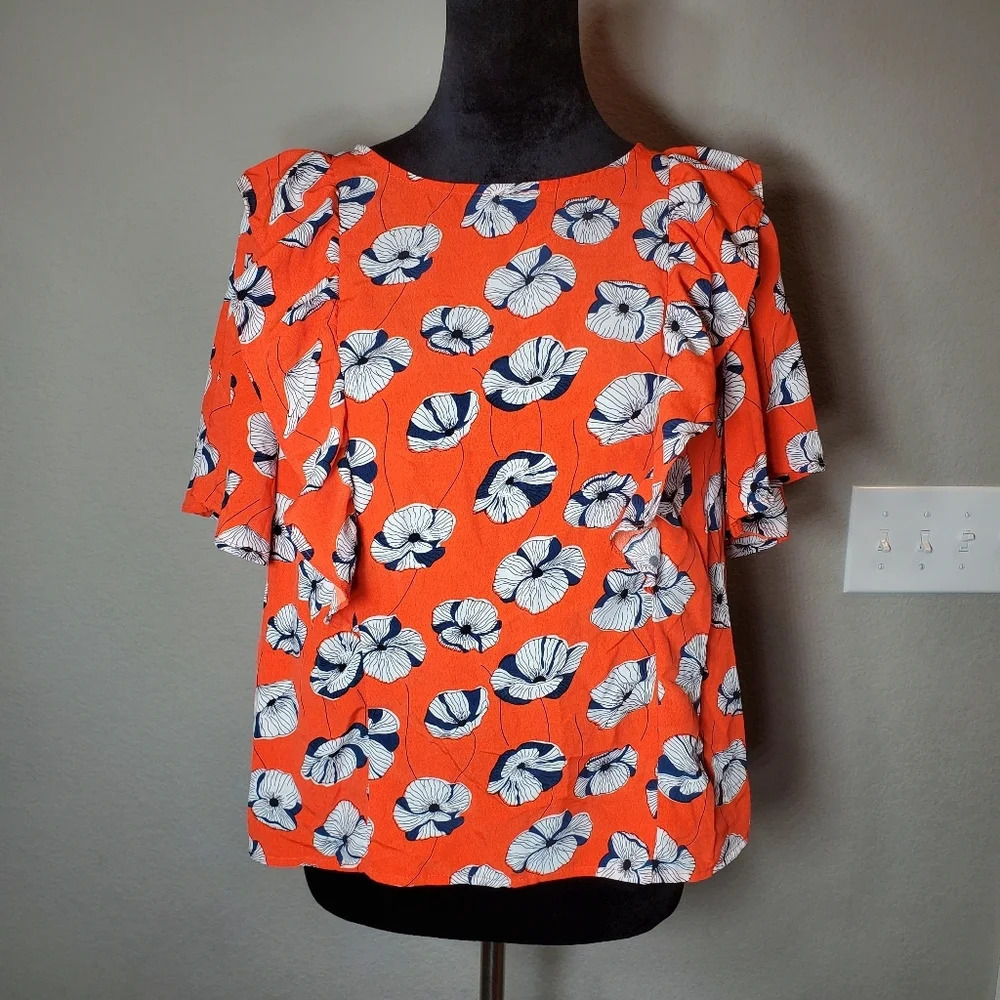 CODE MODE Ruffle orange blue white floral cropped short sleeve blouse M